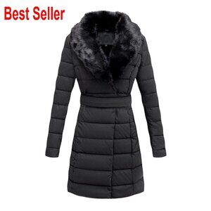 Women's Winter Puffer Jacket with Removable Fur Collar and Belt